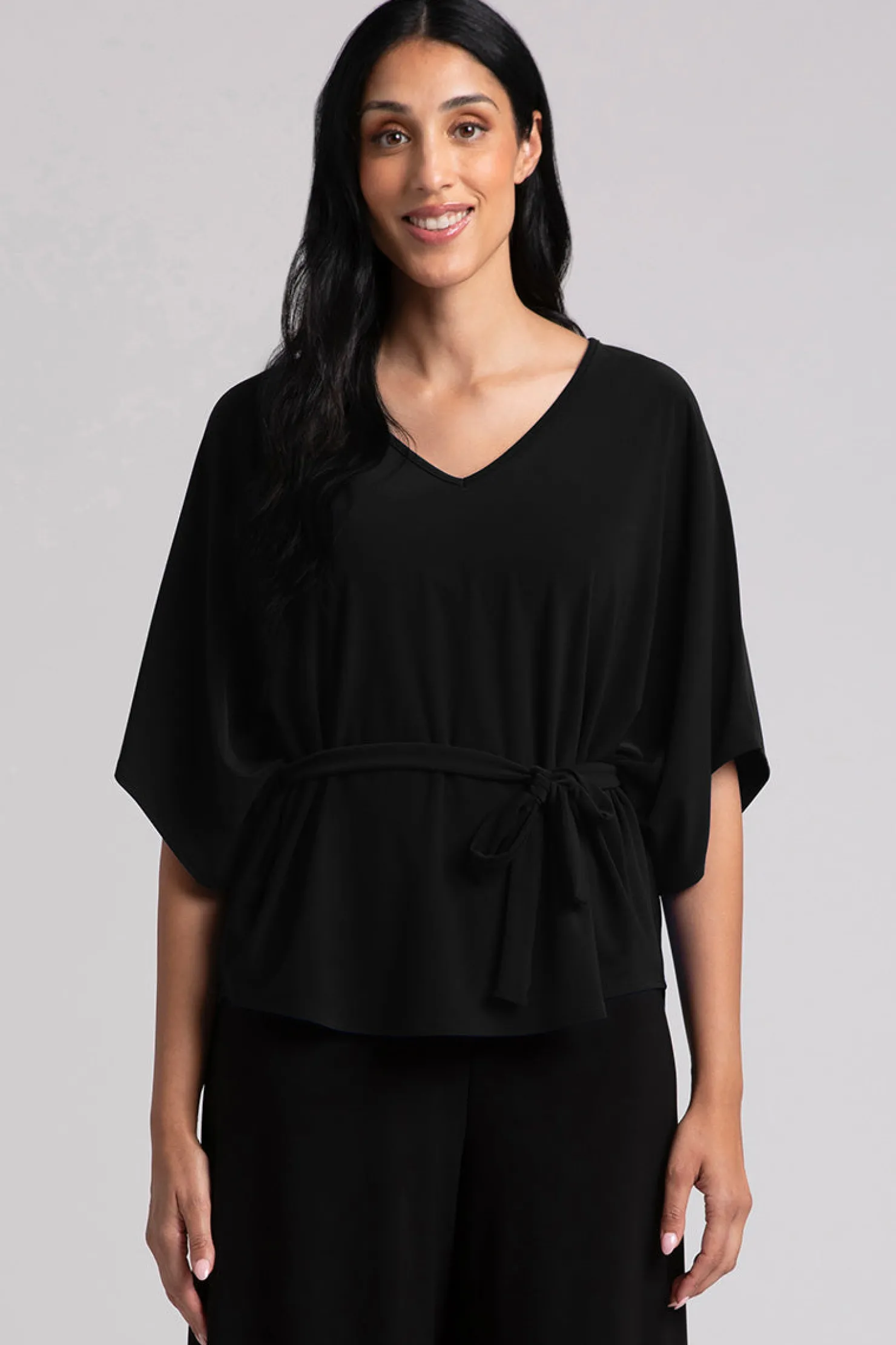Sympli Tops>Slouchy V-Neck Top with Tie Black