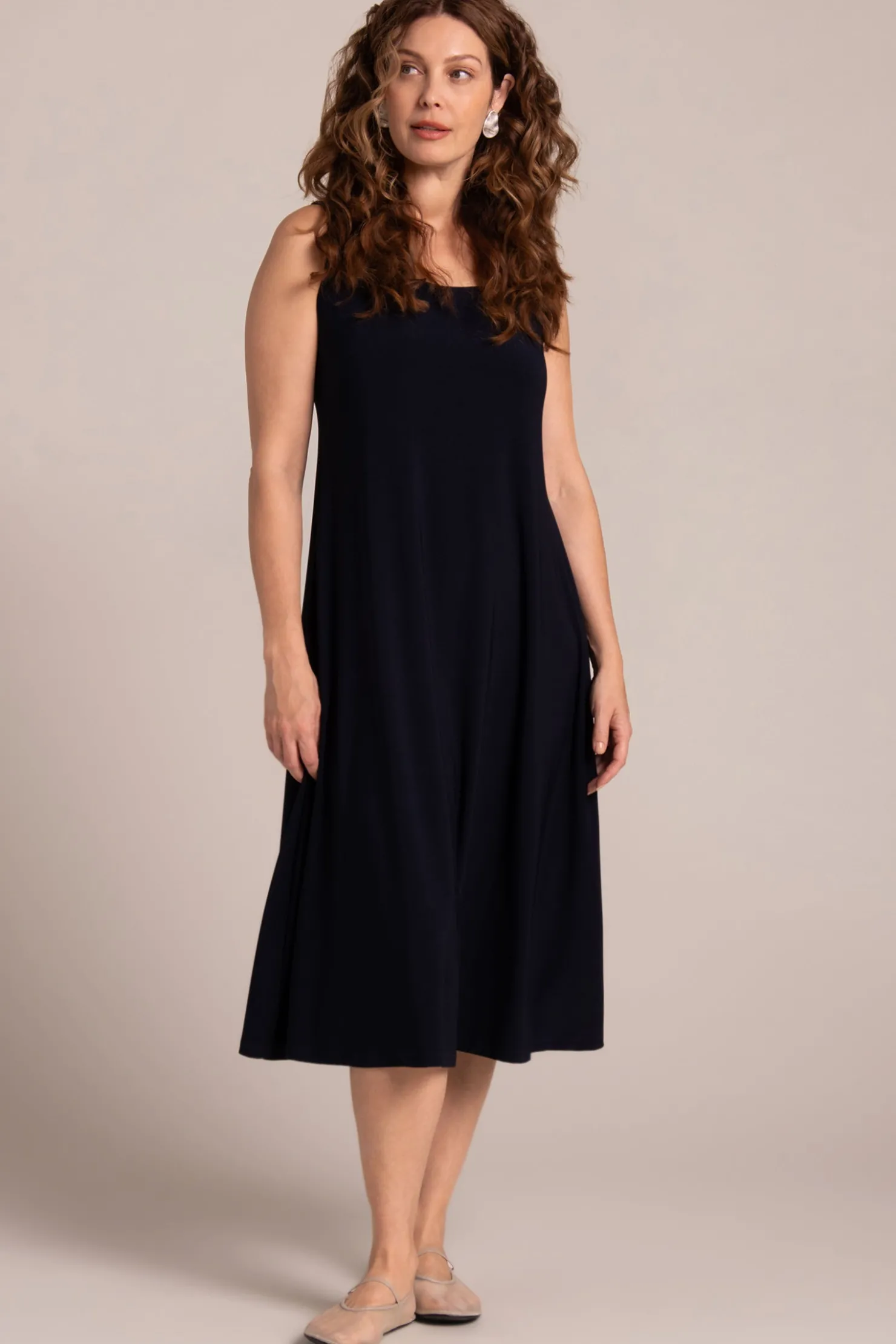 Sympli Dresses>Square Neck Fit and Flare Dress Navy