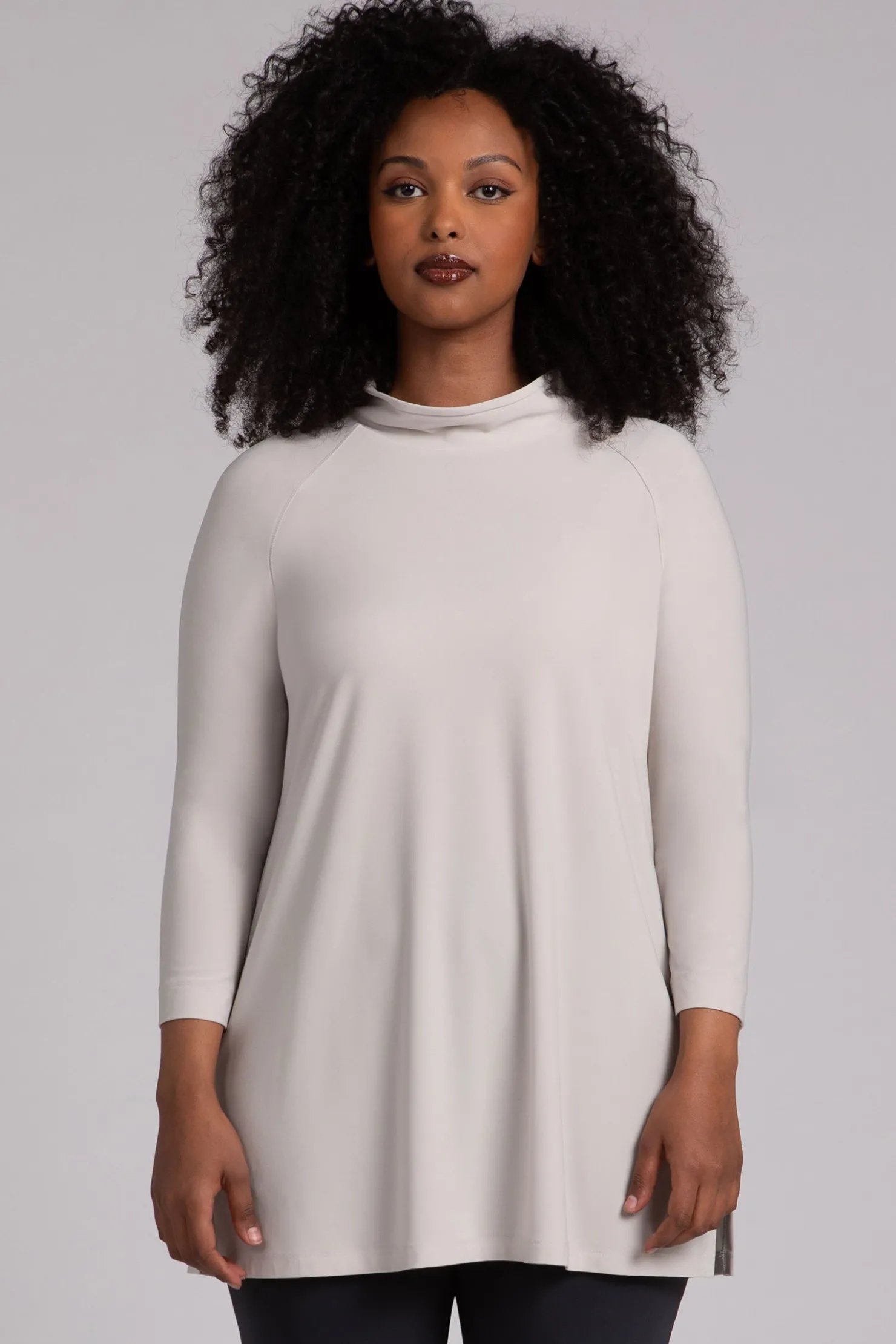 Sympli Tops>Svelte Funnel Neck Tunic Cashew
