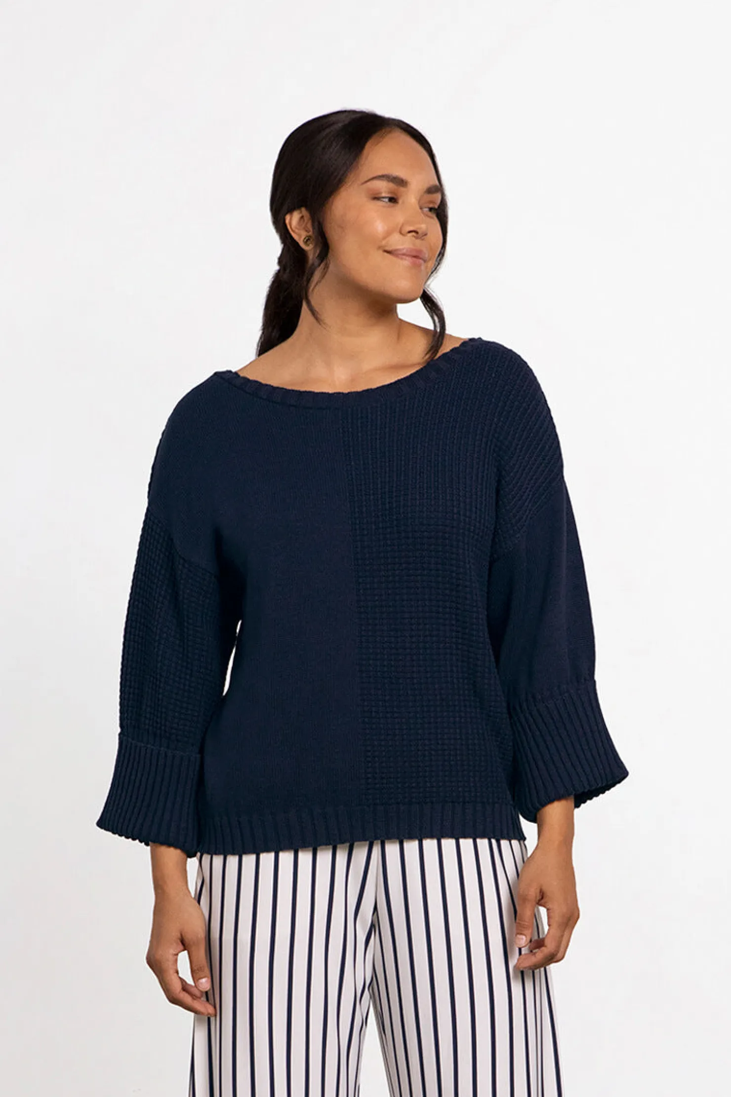 Sympli Sweaters & Cardigans>Texture Block Boxy Sweater Navy
