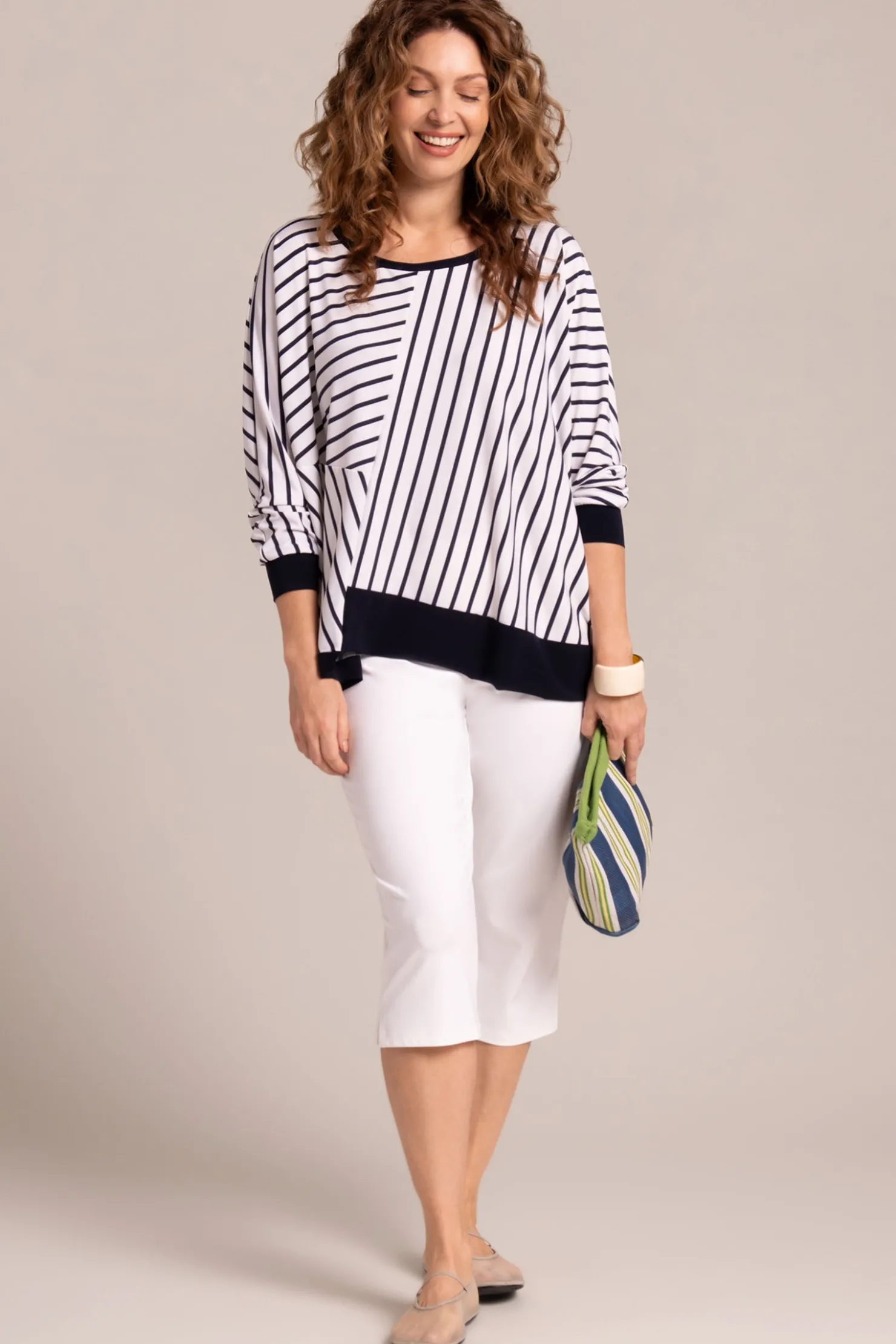 Sympli Tops>Trim Boxy Top NavyStripe