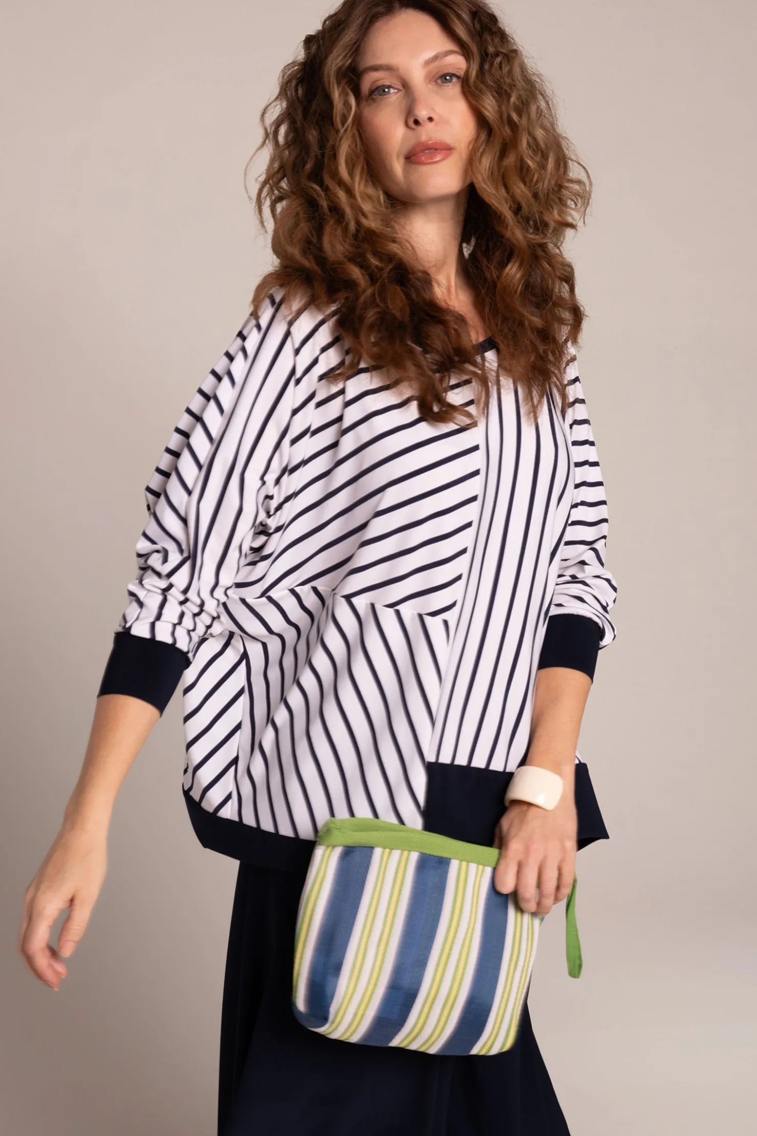 Sympli Tops>Trim Boxy Top NavyStripe