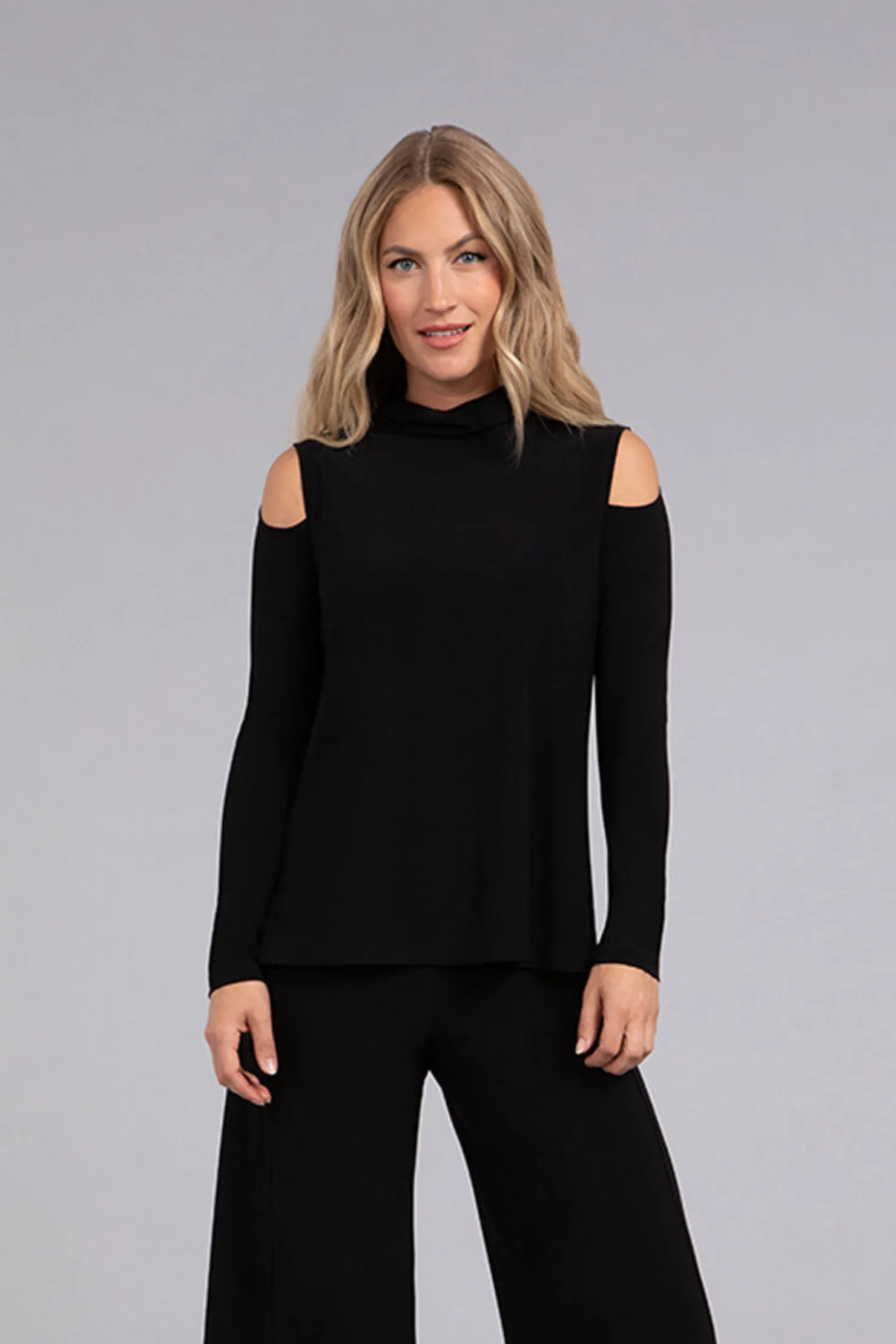Sympli Tops>Turtle Neck Cut Out Shoulder Top Black