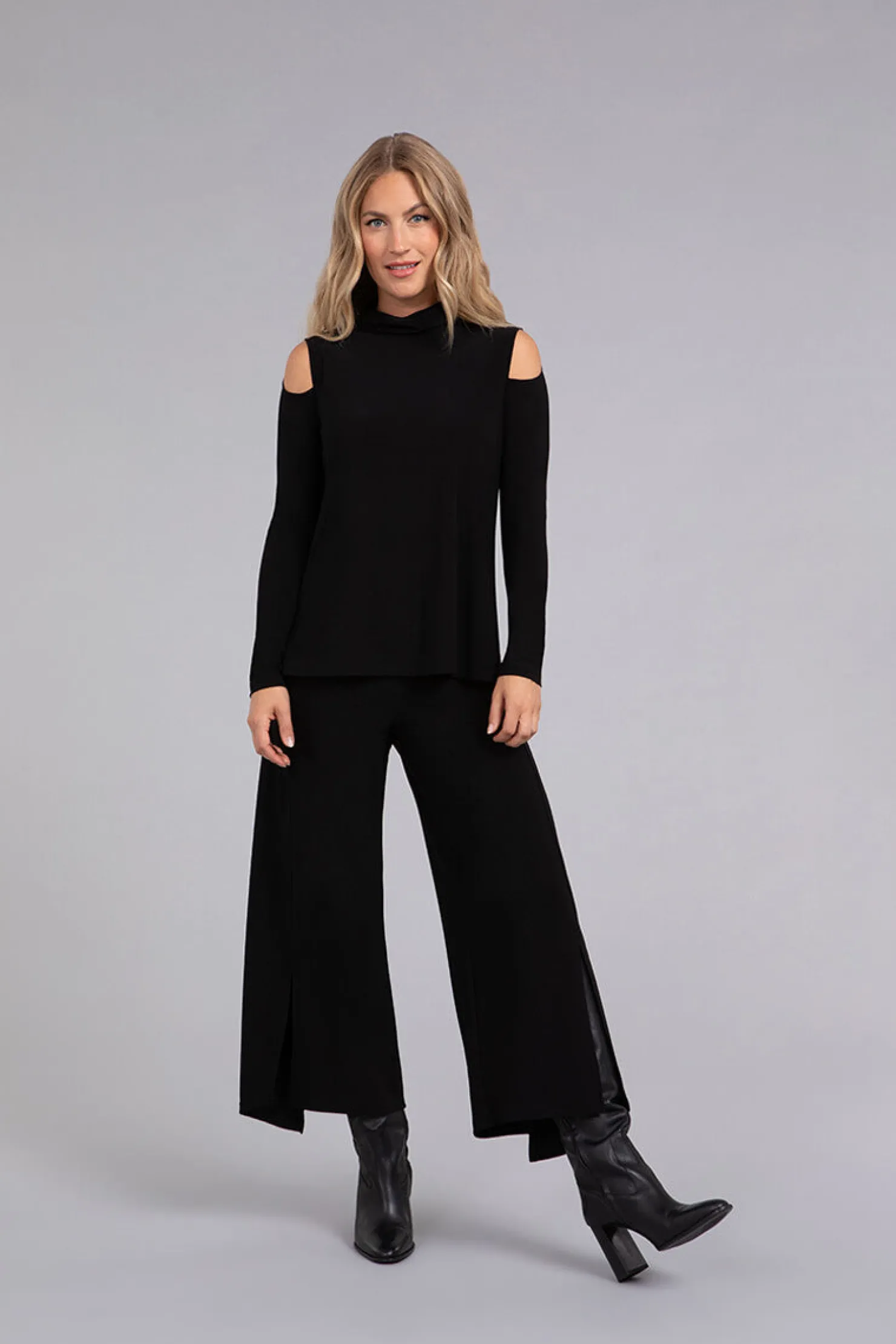 Sympli Tops>Turtle Neck Cut Out Shoulder Top Black