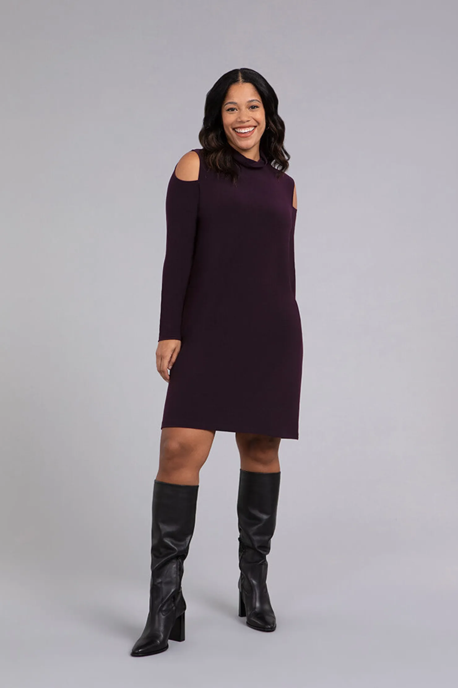 Sympli Dresses>Turtle Neck Cutout Shoulder Dress Currant