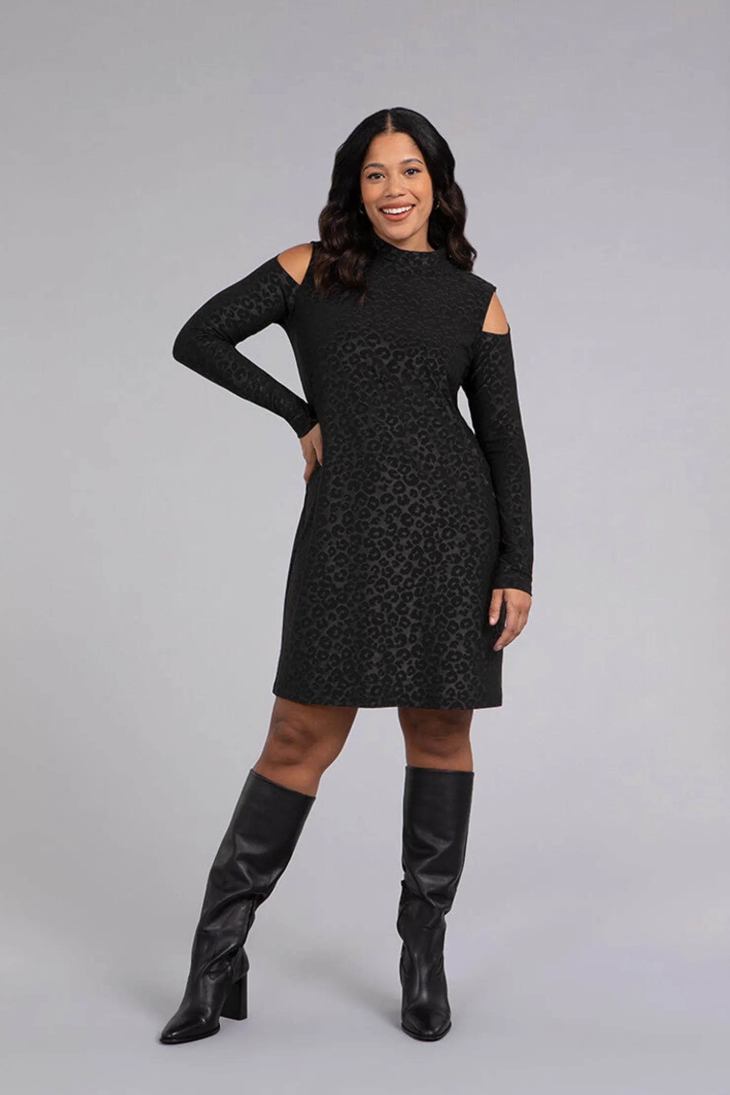 Sympli Dresses>Turtle Neck Cutout Shoulder Dress BlackAnimalEmboss