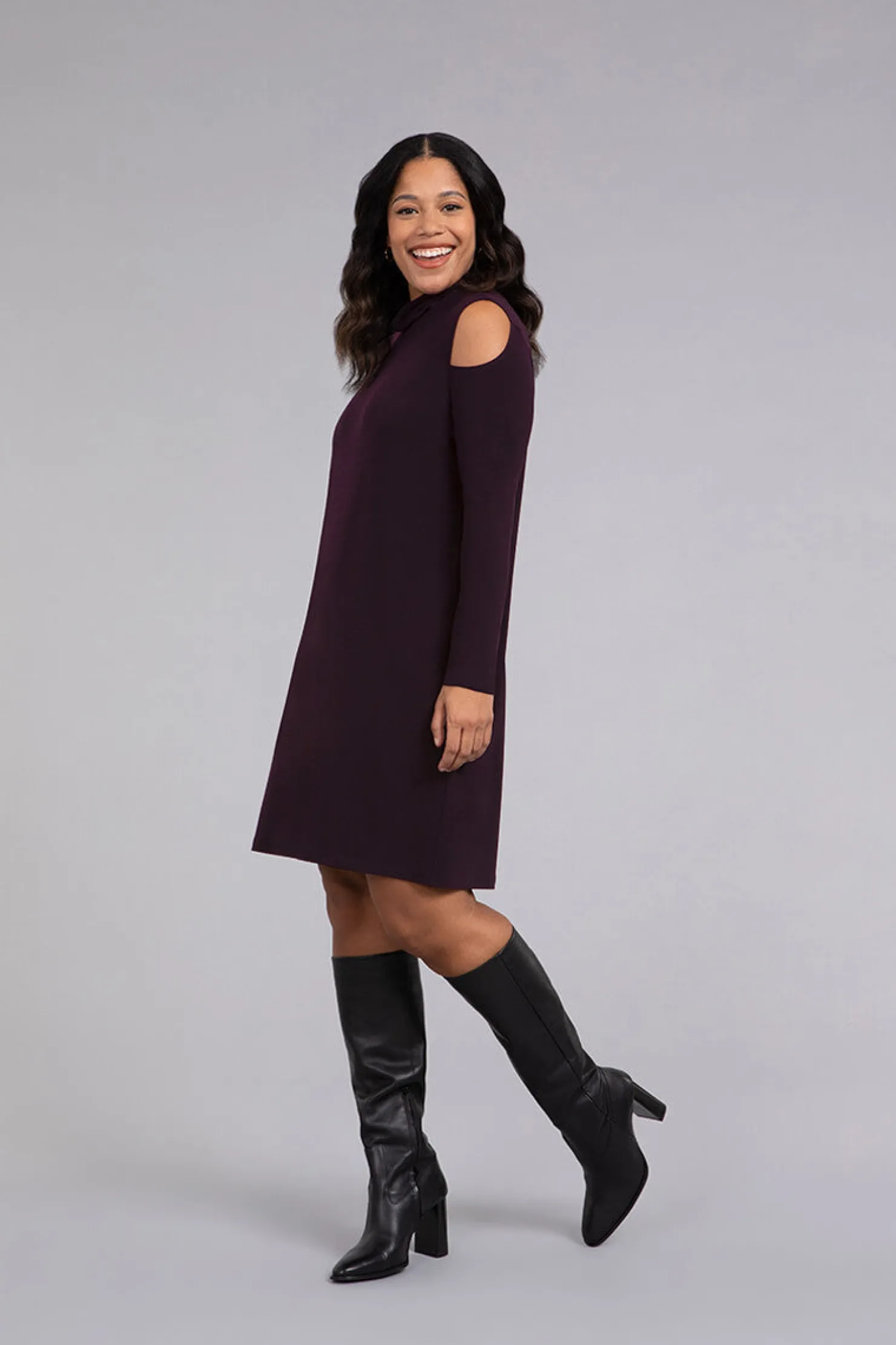 Sympli Dresses>Turtle Neck Cutout Shoulder Dress Currant