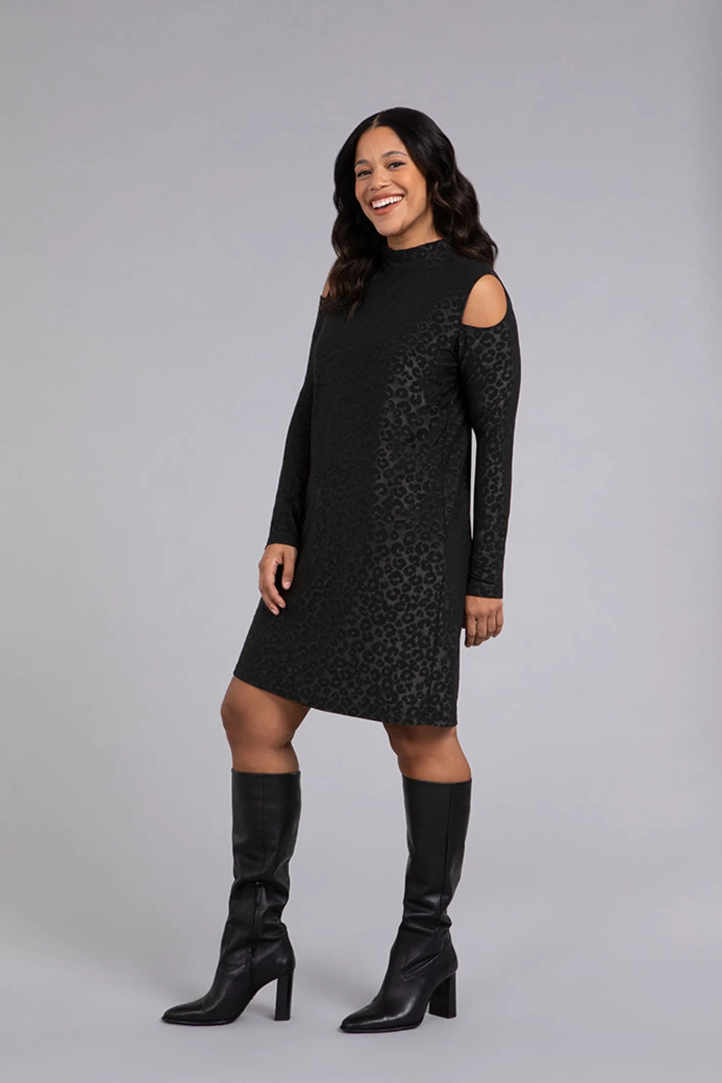 Sympli Dresses>Turtle Neck Cutout Shoulder Dress BlackAnimalEmboss