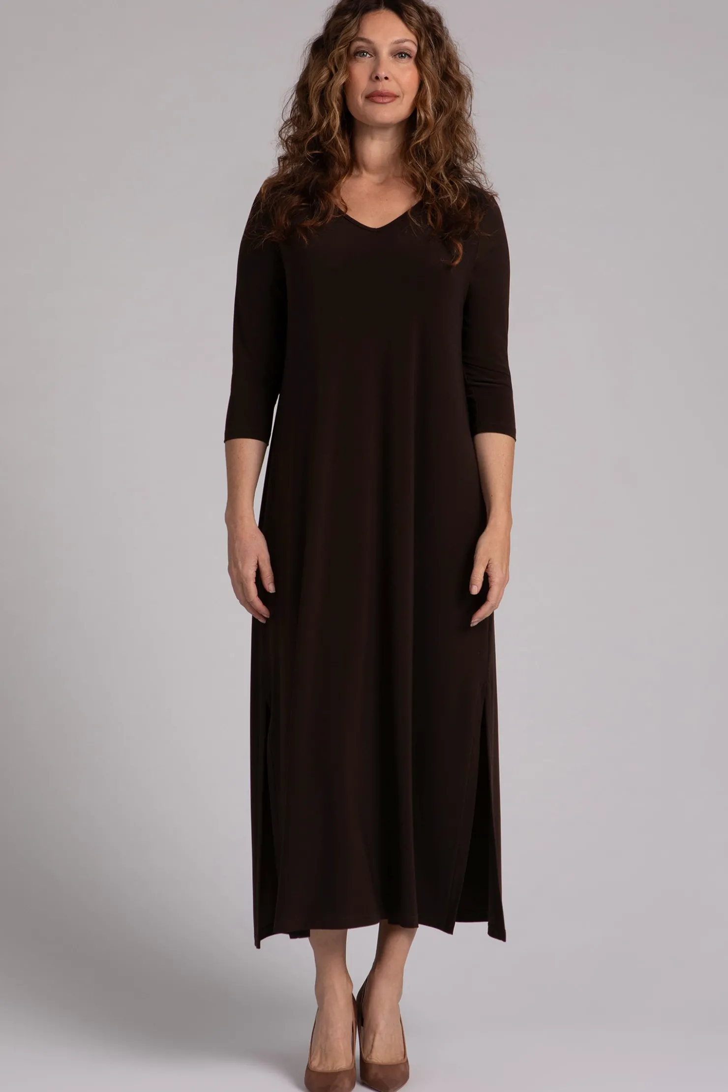 Sympli Dresses>V-Neck Slit Dress Chocolate