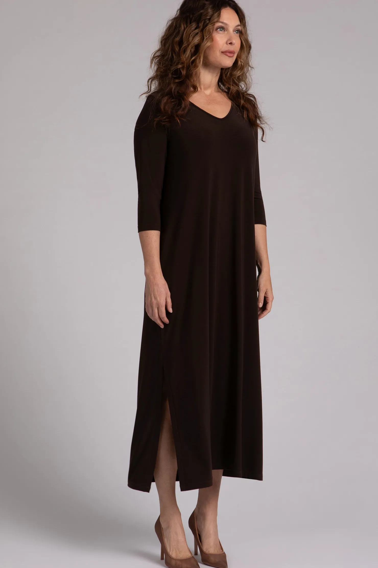 Sympli Dresses>V-Neck Slit Dress Chocolate