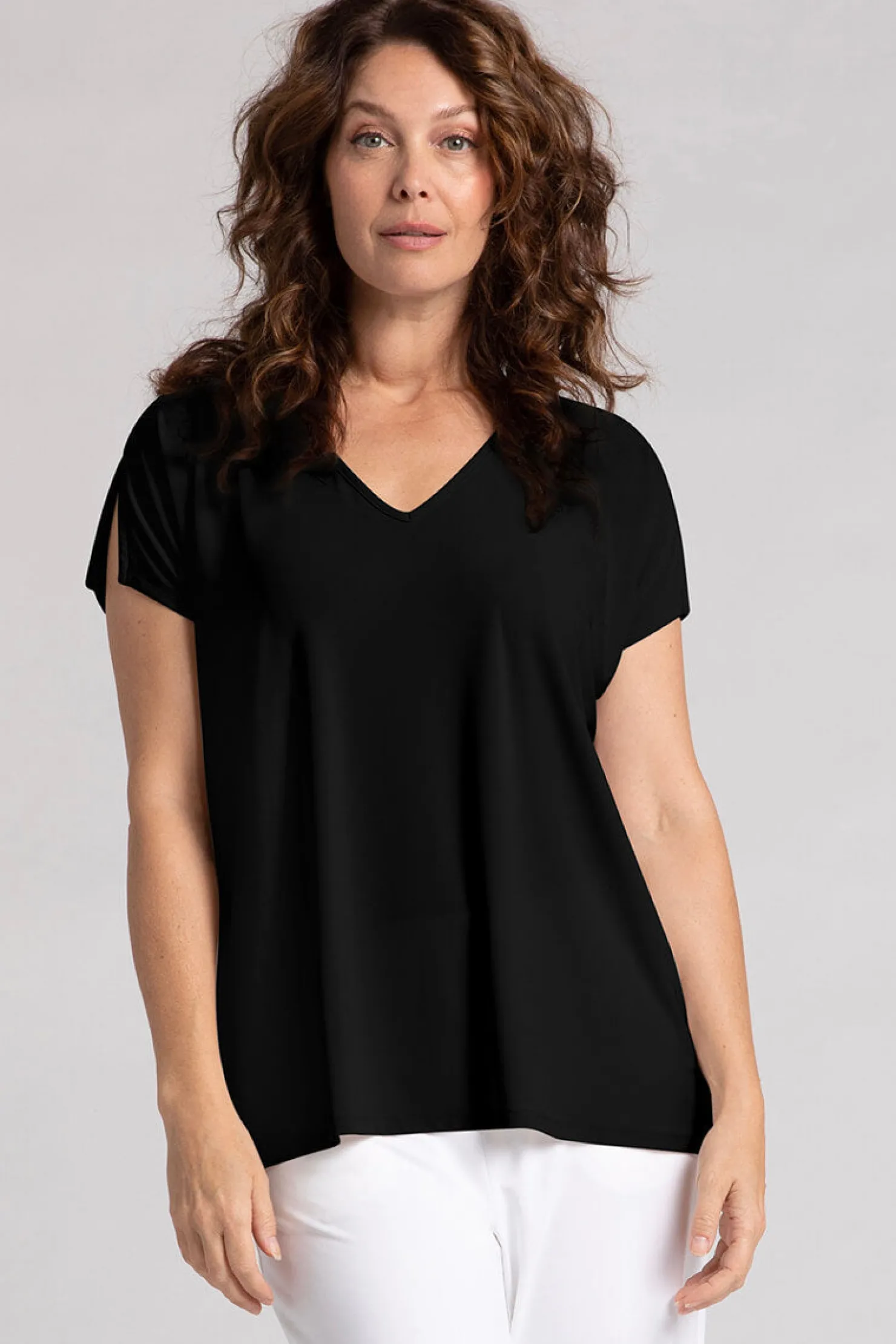 Sympli Tops>V-Neck Slit Sleeve Top Black