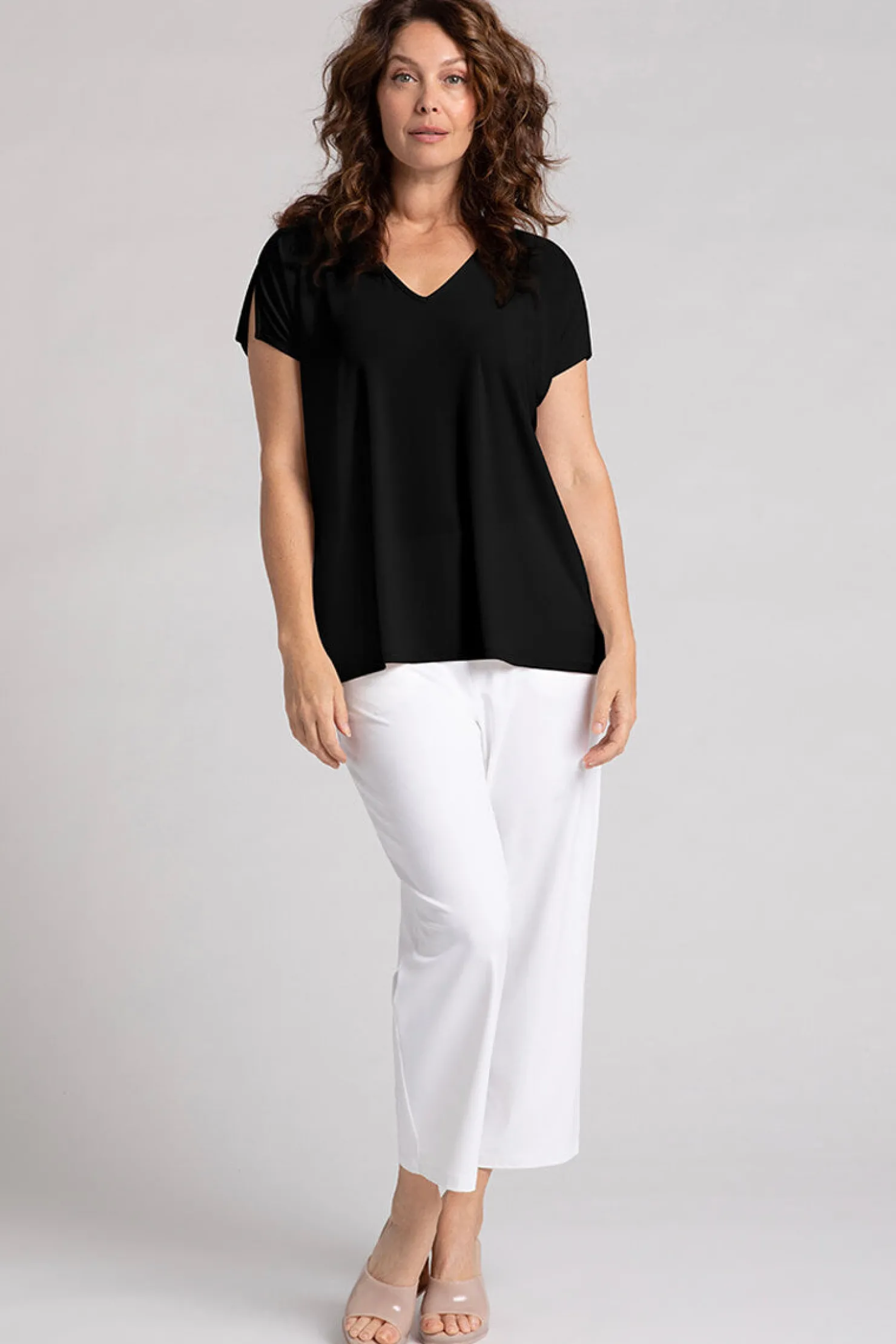Sympli Tops>V-Neck Slit Sleeve Top Black